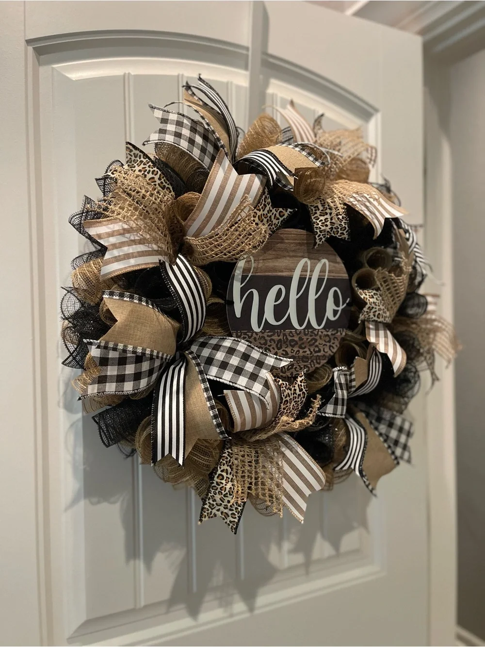 Hello Everyday Wreath in Burlap and Ribbon Leopard Wreath in Black, Tan, Cream